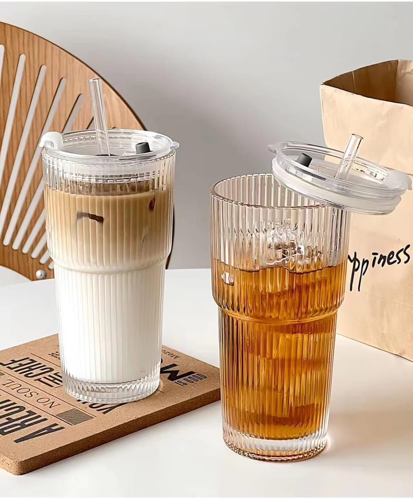 Elegant Ribbed Sipper Glass Long Mug 450 Ml Set of 1 with Reusable Glass Straw Stylish Vertical Lining Perfect for iced Coffee, Smoothies, Milkshakes, Juice, and Cold Beverages