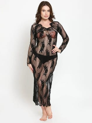 Black Sheer Lace Long Nightwear for Women – Transparent Lingerie Dress