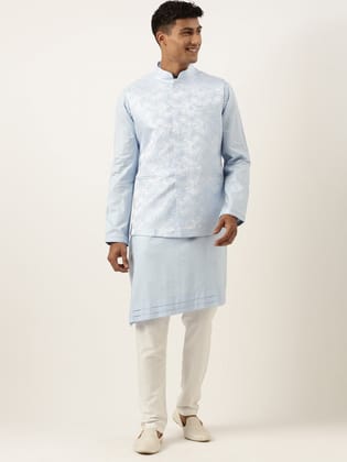 Powder Blue Jacquard Jacket W Blue Cotton Kurta-M/40 / Pajama set