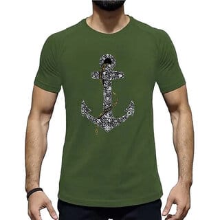 HIT SQUARE Olive Pure Cotton Round Neck Printed For Men