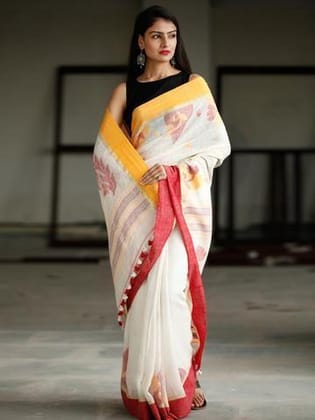 Wonderful White colored Linen Digital printed Sari 11270