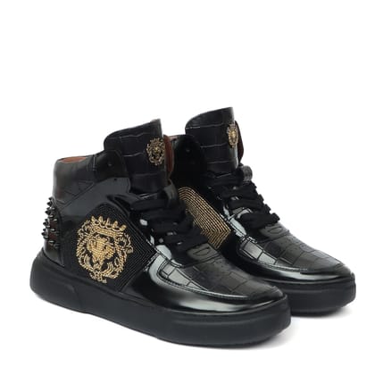 Patent Deep Cut Leather Sneakers for Men's with Black and Golden Rhinestone Beads Zardosi by Brune & Bareskin-40/6