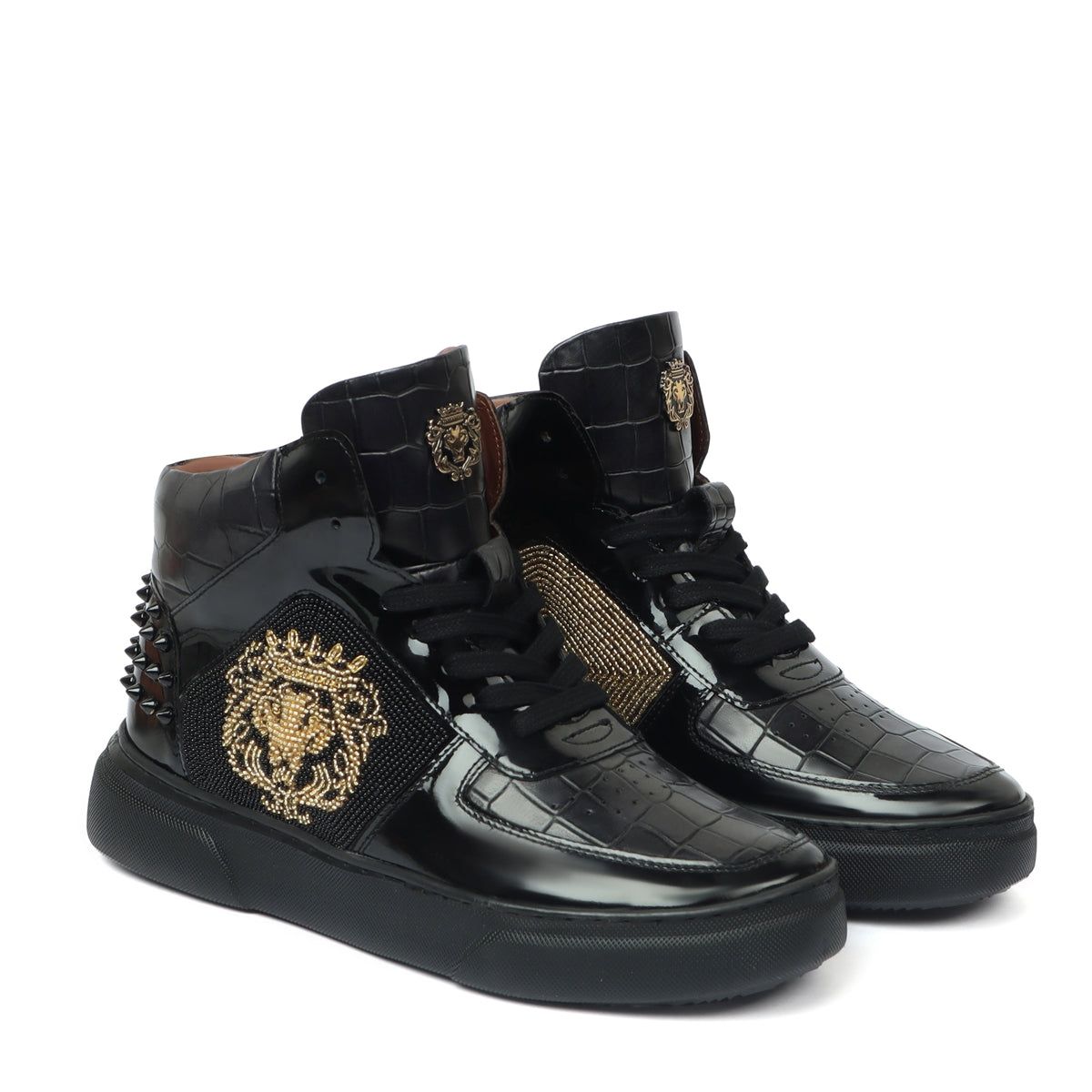 Patent Deep Cut Leather Sneakers for Men's with Black and Golden Rhinestone Beads Zardosi by Brune & Bareskin-40/6