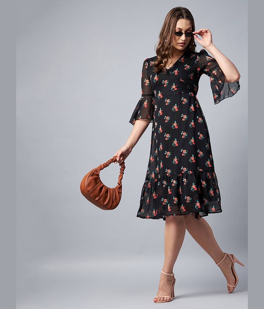 StyleStone Women Chiffon Printed Fit & Flare Dress ( Black )