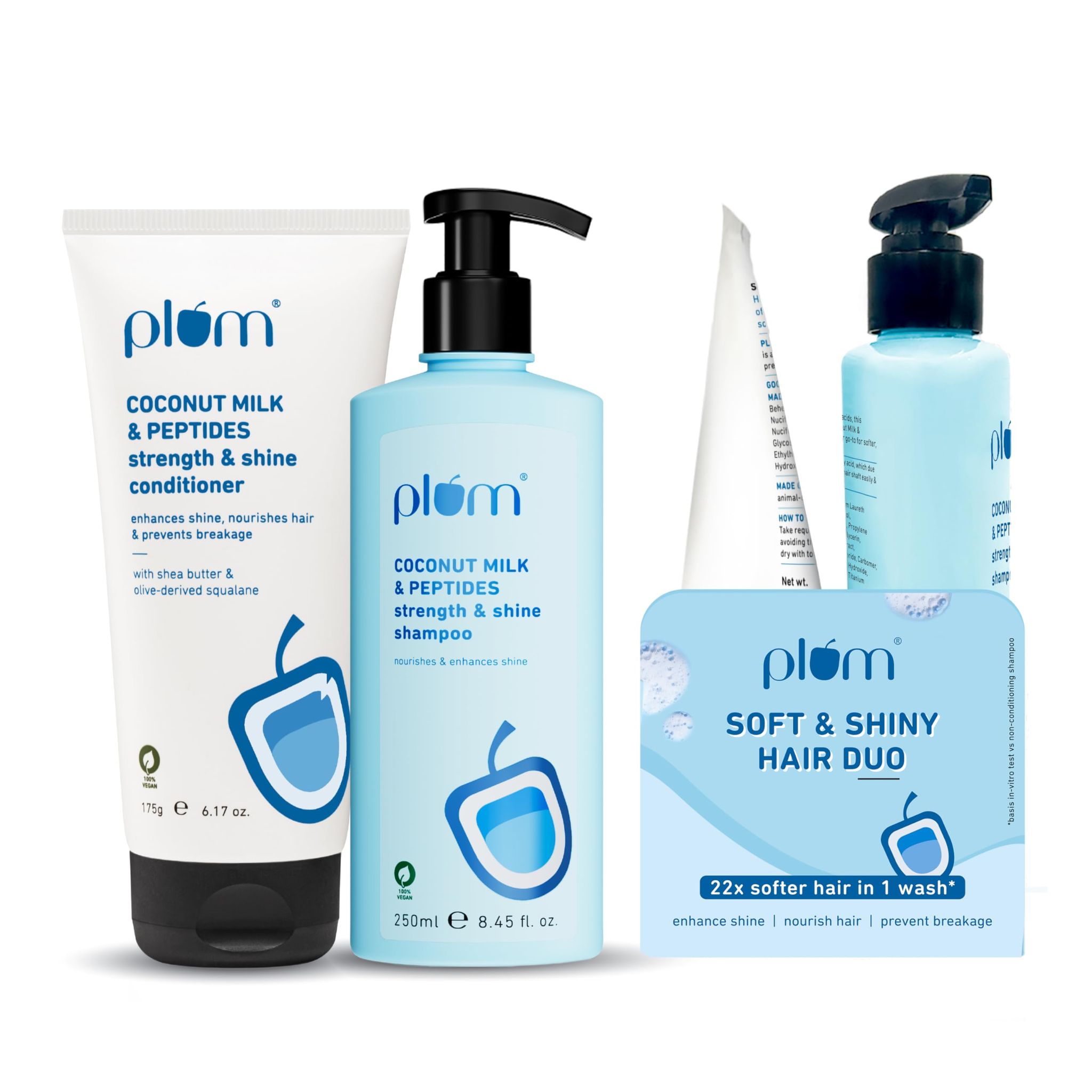 Plum Coconut Milk & Peptides Shampoo 250ml & Conditioner 175g Combo for Dry & Frizzy Hair | 22X Softer, Hydrated, & Smooth Hair | SLS & Paraben Free, pH Balanced Shampoo & Conditioner for Women & Men Plum Coconut Milk & Peptides Shampoo 250ml & Condition