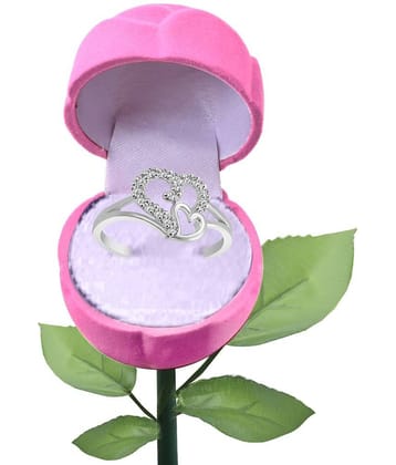 Vighnaharta Couple Heart CZ Rhodium Plated Alloy Ring with Pink ROSE Ring Box Valentine Rose pink Rose Box cz american Diamond for girlfriend Rose plastic rose for women and girls