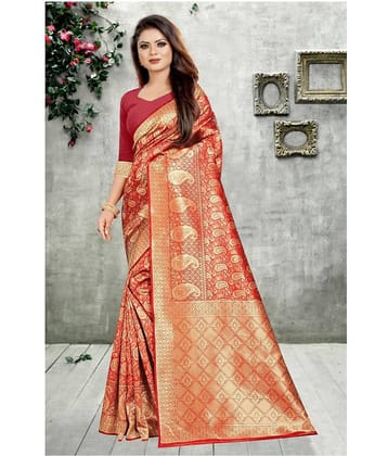 Gazal Fashions Banarasi Silk Printed Saree With Unstitched Blouse Piece ( Red )
