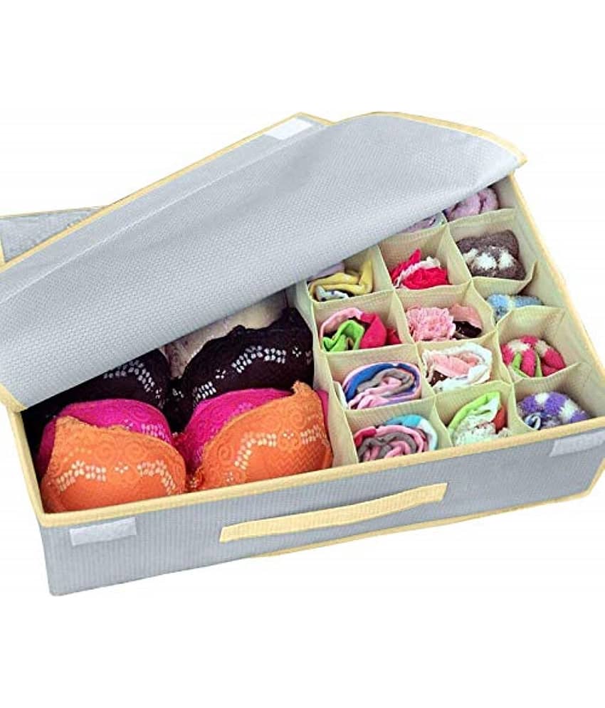 Non-Woven Foldable Organizer For Innerwear,Socks, Bra, Tie,Scarfs, 16+1 Compartment for Closet -Green (1U)