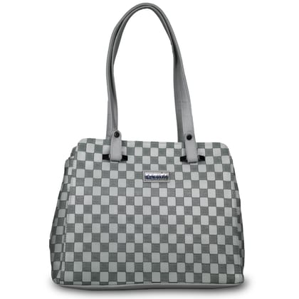 Jothi LuxeCheck Premium Womens Handbag | Multi-Compartment Synthetic Leather Tote | Checkered Woven Texture | Matte Finish | Water-Resistant | Soft Base | Light Grey