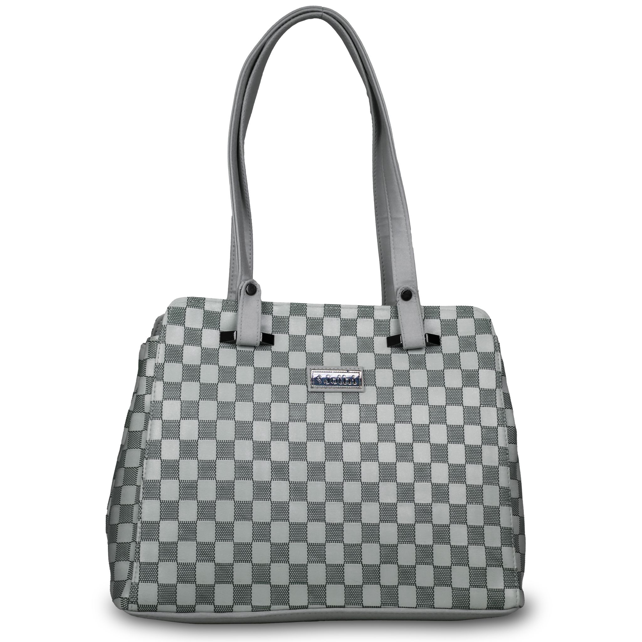 Jothi LuxeCheck Premium Womens Handbag | Multi-Compartment Synthetic Leather Tote | Checkered Woven Texture | Matte Finish | Water-Resistant | Soft Base | Light Grey