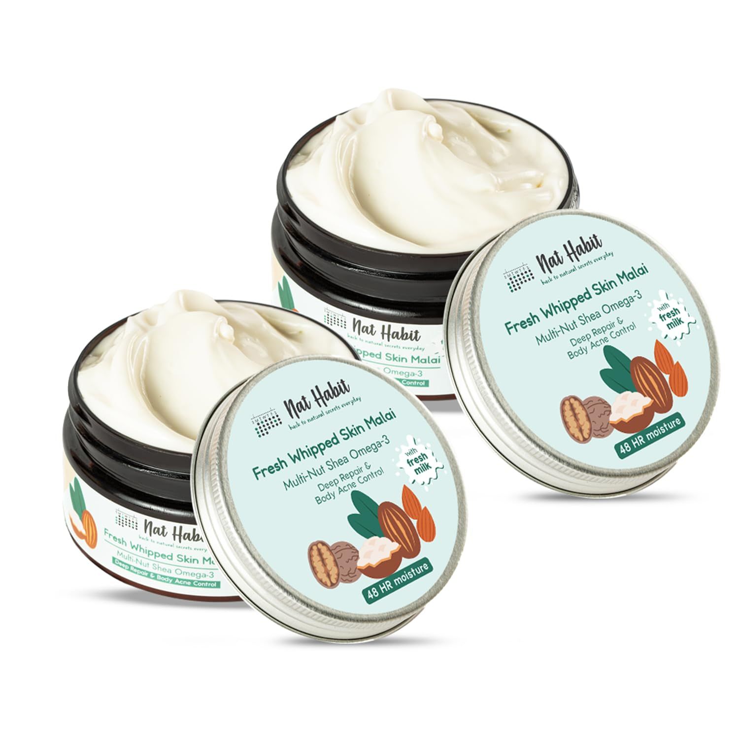 Nat Habit Multi-Nut Omega 3 Moisturiser, Skin Malai, Body Cream, Body Butter, Cold Cream Winter | Hydration, Skin Repair & 48 HR Moisture, Body Lotion - 120ml (Pack of 2) Nat Habit Multi-Nut Omega 3 Moisturiser, Skin Malai, Body Cream, Body Butter, Cold 