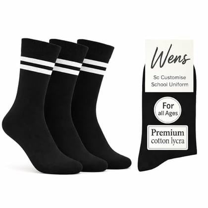 Wens Strips School Socks for Girls, Boys, Kids & Men of All Ages (Pack of 3) | Heavy Elastic, Streachable & Comfortable Fit | Calf Length Uniform Socks | Anti Odour | Unisex  Black with WHITE Stripes