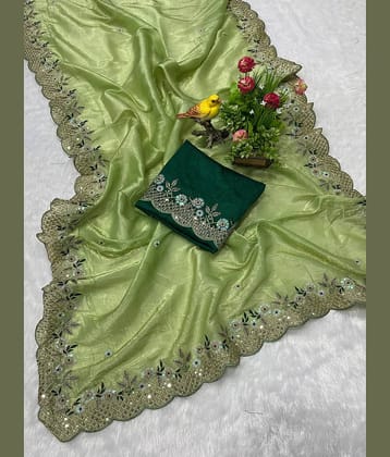 Nayanthara Trends Polyester Embellished Saree With Unstitched Blouse Piece ( Green )