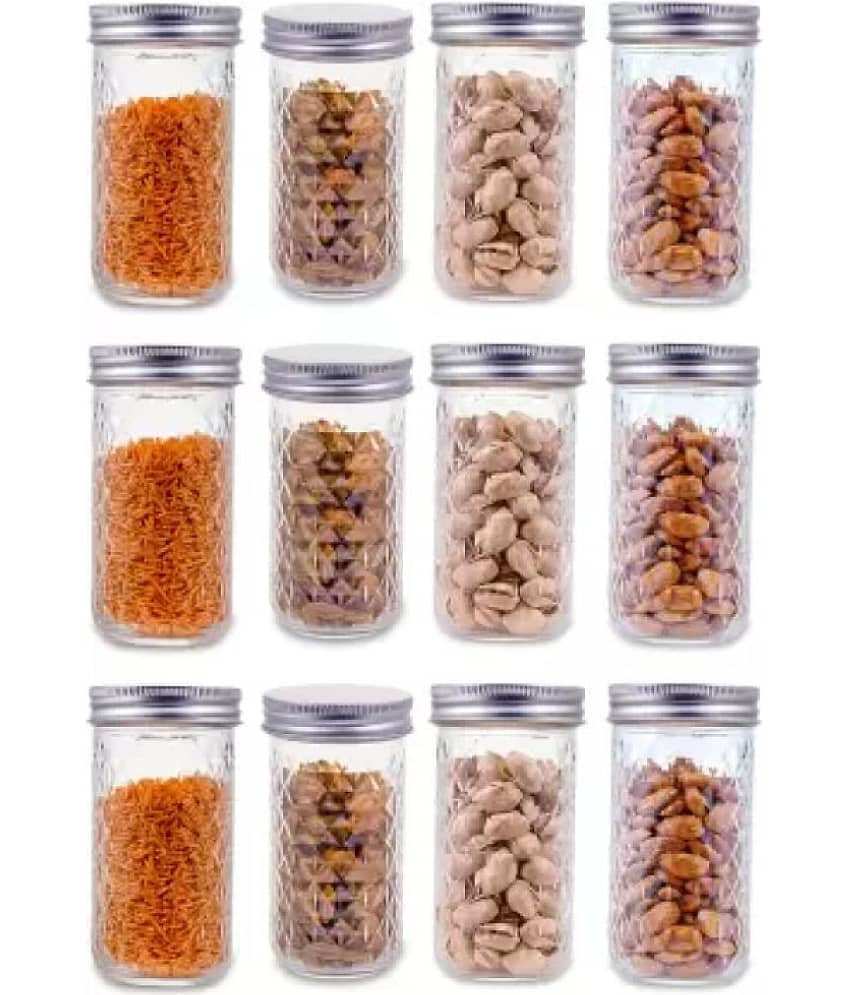skwaion - Silver Glass Spice Container ( Set of 12 ) - 350 ml