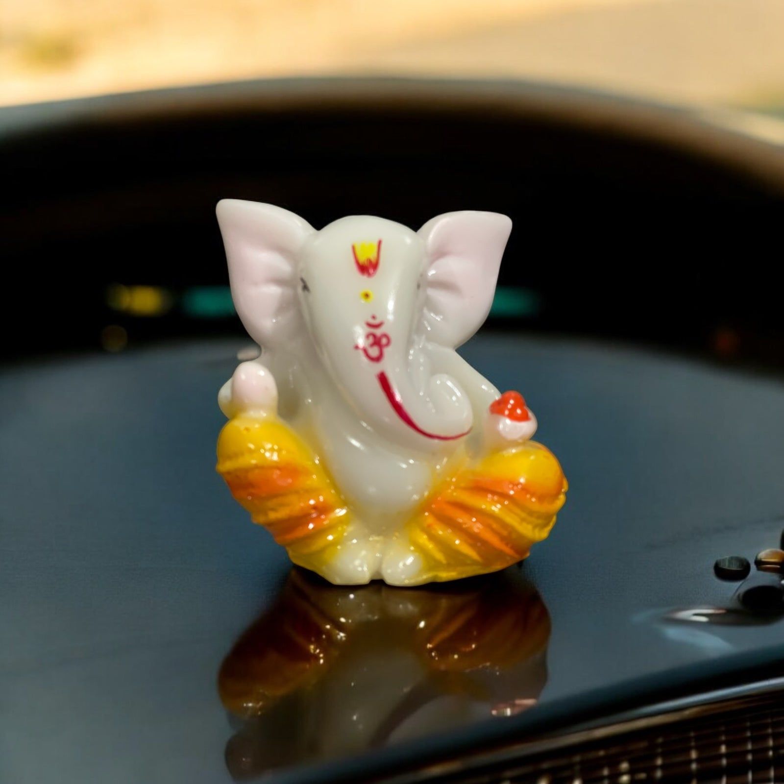 Lord Cute Ganesh Idol Lucky Ganesh Idol For Vehicle Car Dashboard Gifting Office Puja Decor Height 2.75 Inches-Composite Marble