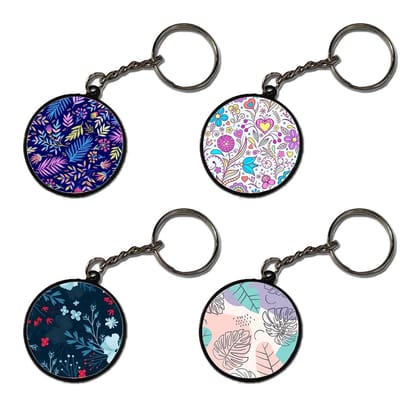 Floral - A Combo Of 4 Black Border Keychains-Circle