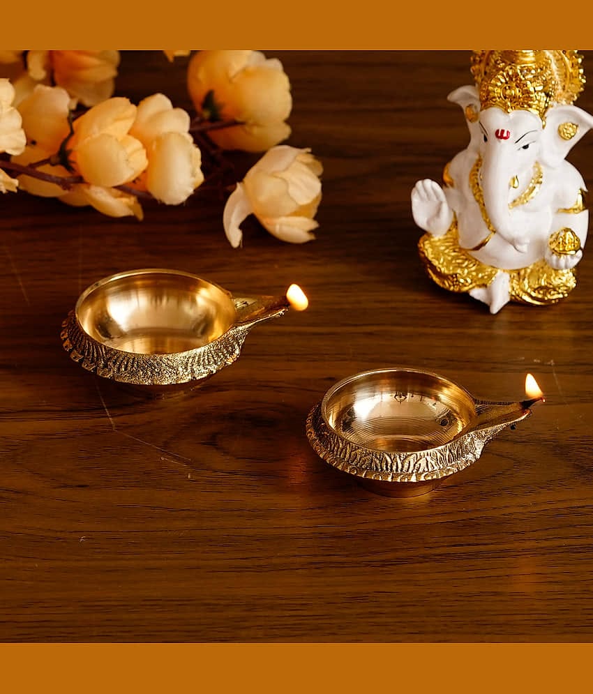 eCraftIndia Set of 2 Gold-Toned Auspicious Handcrafted Brass Diya