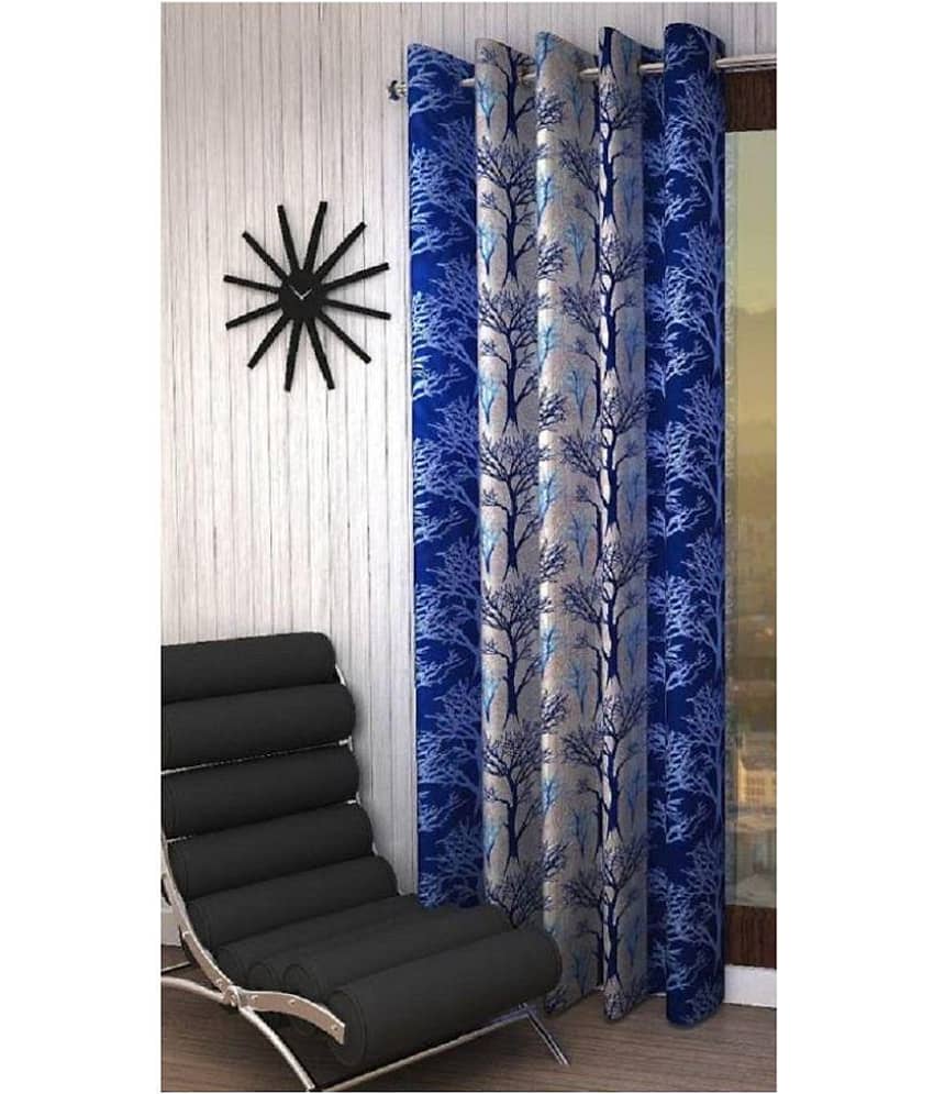 Panipat Textile Hub Floral Semi-Transparent Eyelet Door Curtain 7 ft Single -Blue