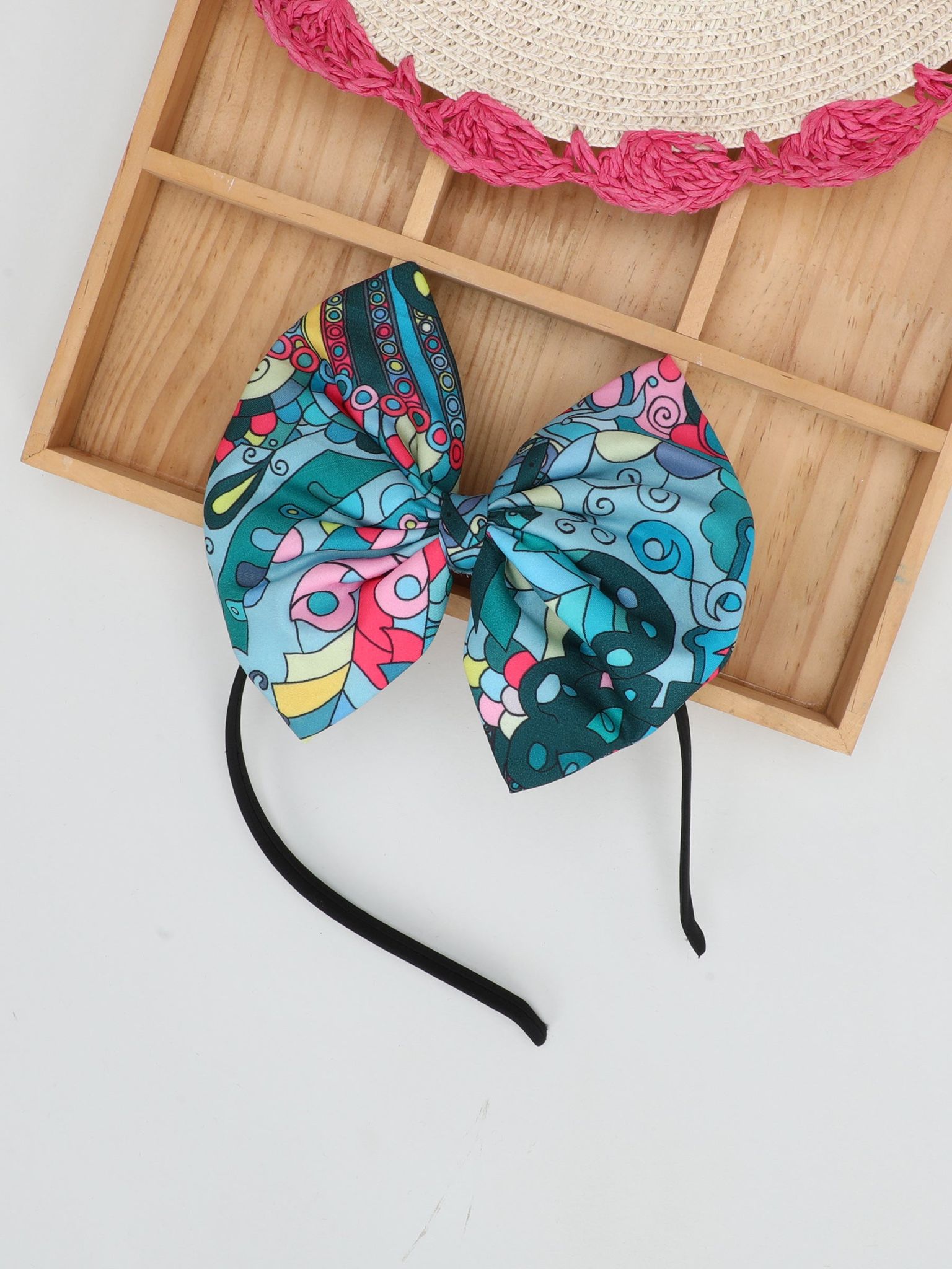 Teal Printed  Bow Hairband-one Size / Blue