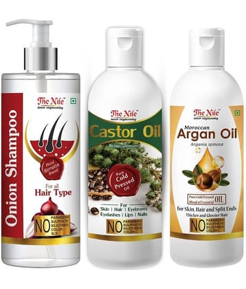 The Nile Red Onion Shampoo 200 ML + Castor Oil 100 ML + Argan Oil 100 ML  Shampoo 400 mL Pack of 3