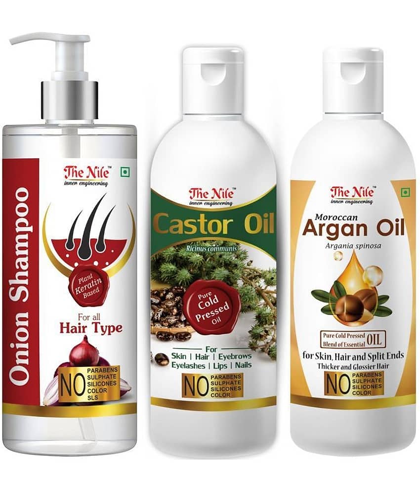 The Nile Red Onion Shampoo 200 ML + Castor Oil 100 ML + Argan Oil 100 ML  Shampoo 400 mL Pack of 3
