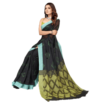 TheHangr Women's Linen Printed Blue Saree With Olive Pallu