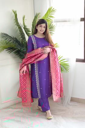 Yuvi Purple Silk Suit Set-3XL