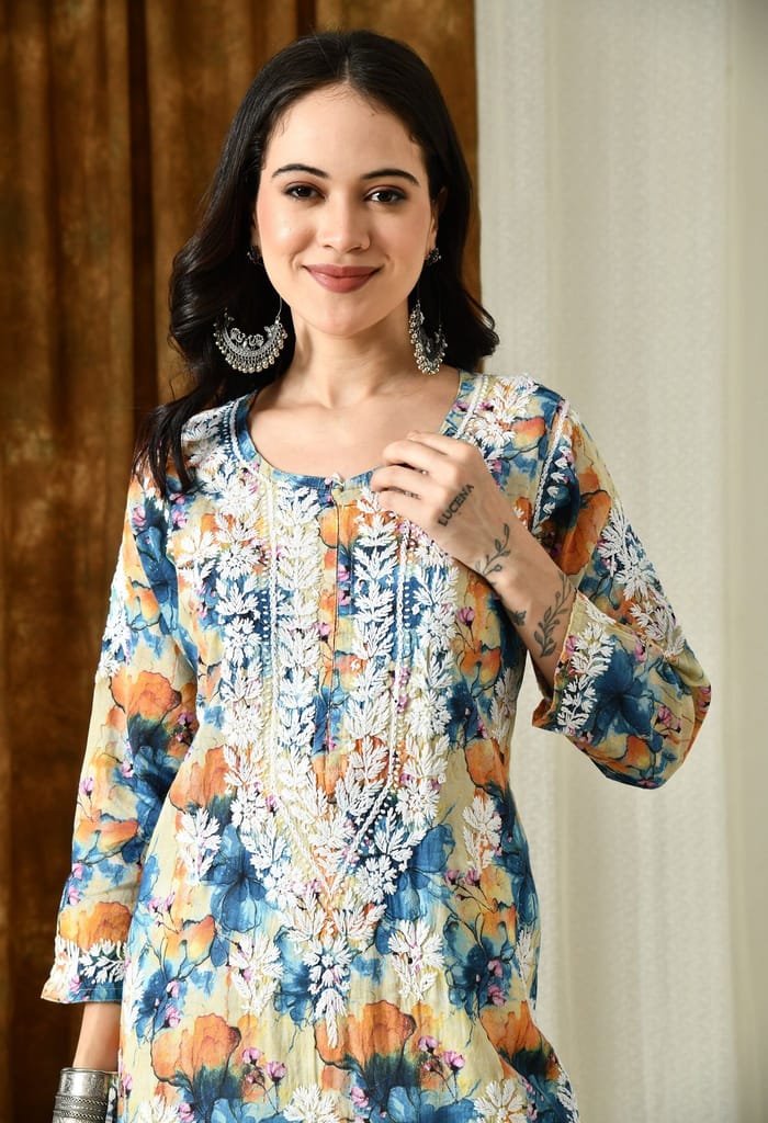 Multi color Mulmul Pure Cotton Lucknow Chikankari Kurta -Teal & Orange