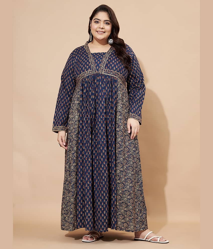 Vbuyz Women Cotton Printed Fit & Flare Dress ( Navy Blue )