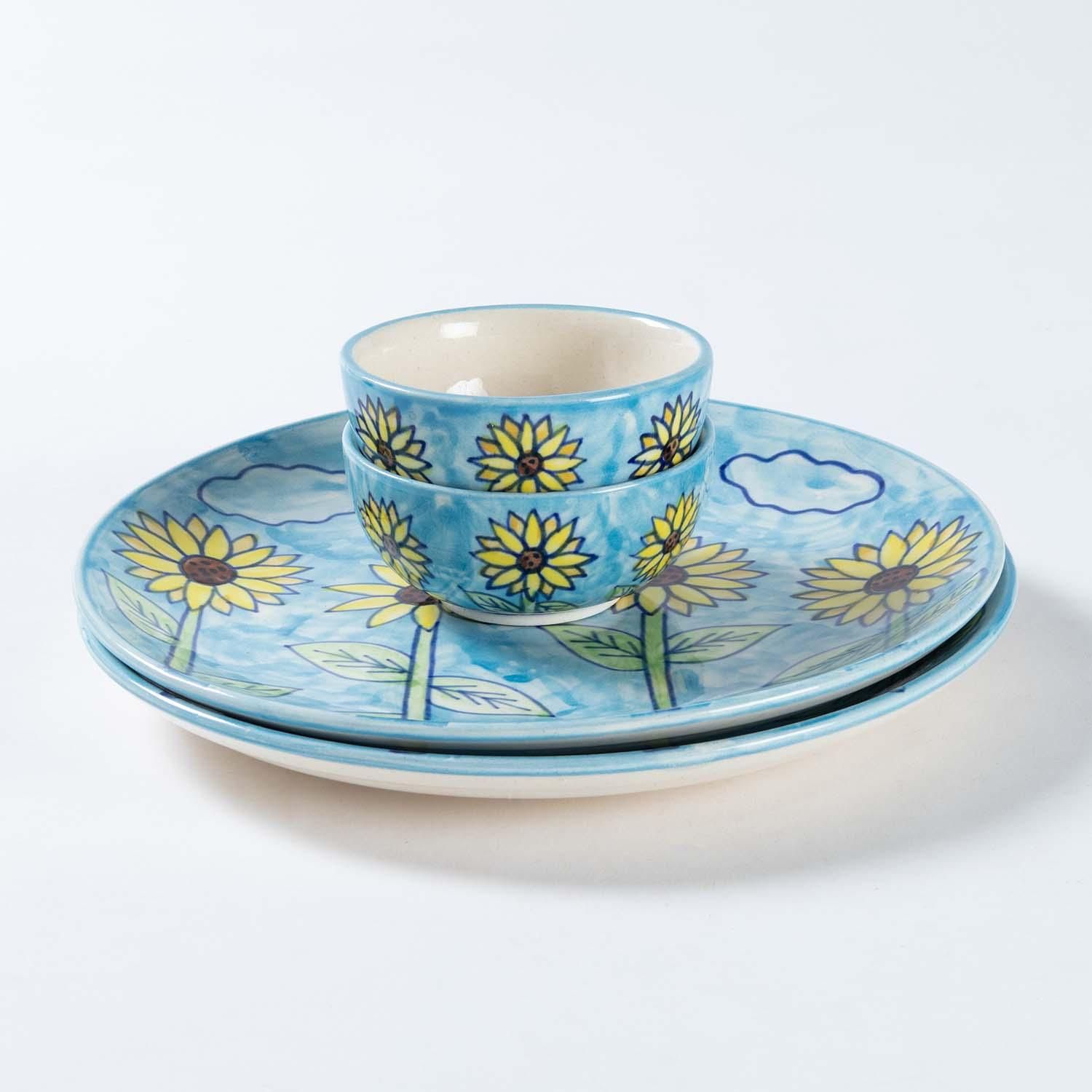 Handpainted Ceramic Dinner Set - 4 Pcs-SKy Blue Yellow Green / Ceramic