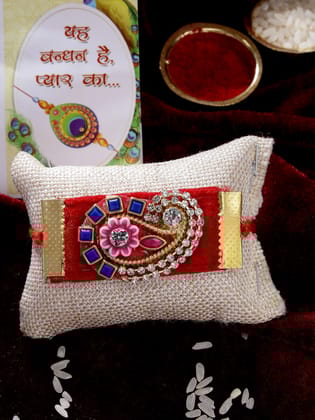 NVR Men Red Stone-Studded Rakhi With Roli Chawal & Chocolate-Freesize / Red / Gold-Plated