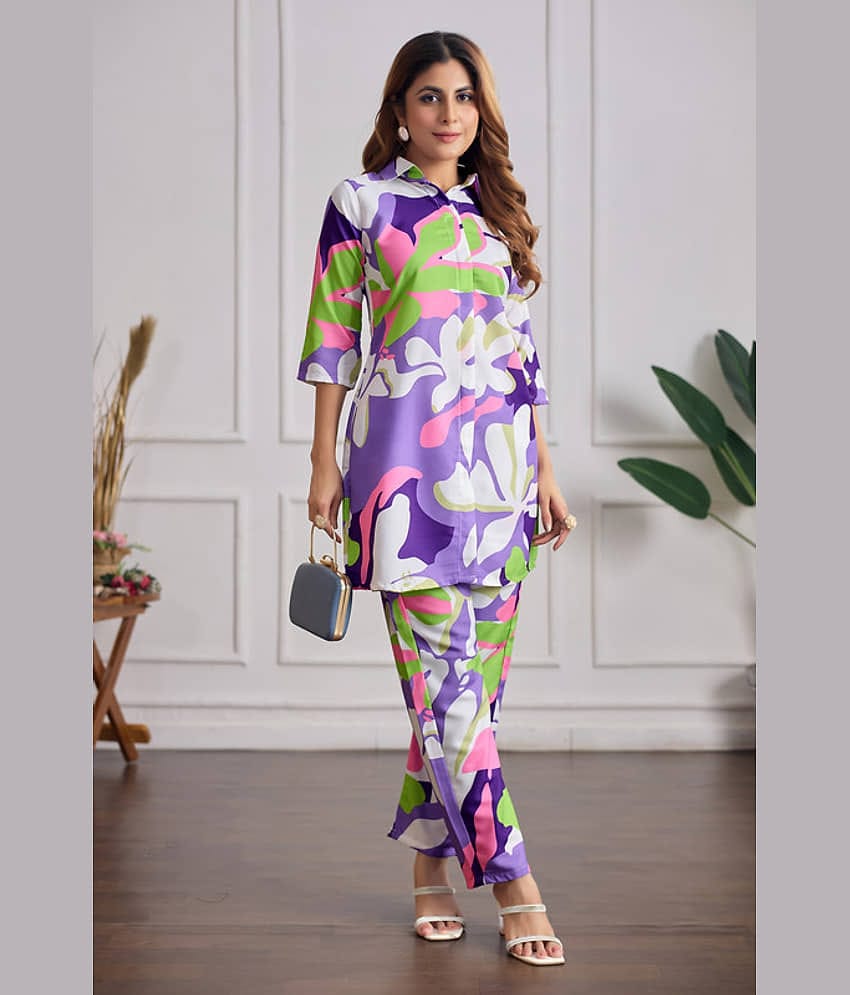 Women Basket Women Rayon Printed Straight Kurti With Pants ( Purple )