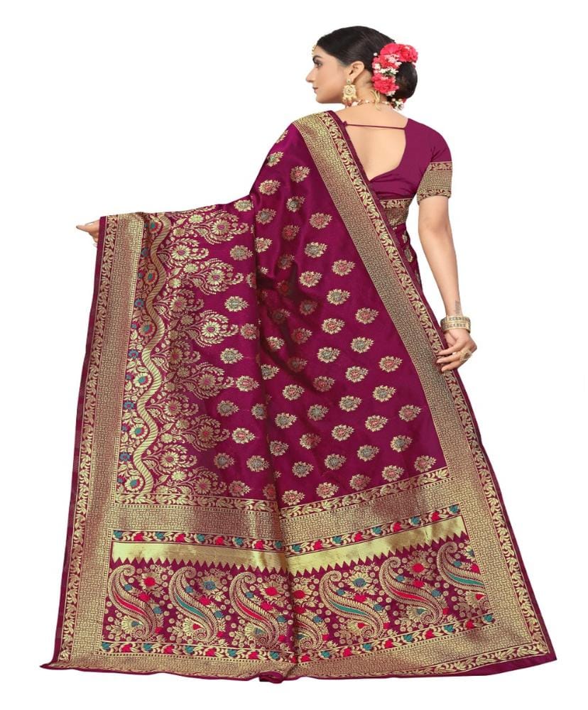 Women's Banarasi Silk Designer Weaving Saree with Unstitched Blouse (Purple, 5.50 Mtrs)