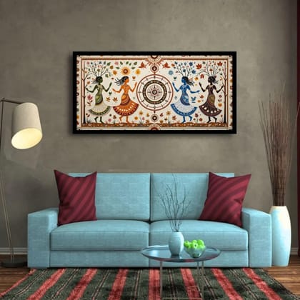 Luminary Festive Bloom – Folk Harmony Dance Museum-Quality Cotton Canvas Art for Living Room Décor | Frame Size (127 X 69 Cm) | Frame Type (Black) | 5-Year Warranty