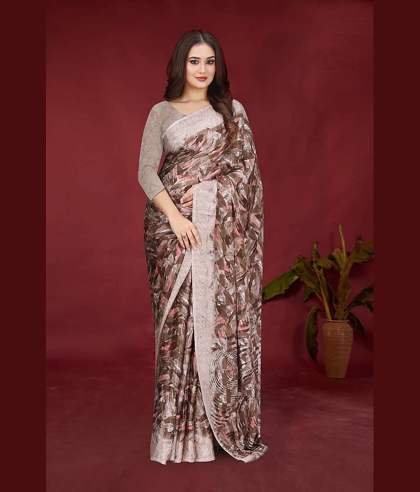 JIHANA FAB Chiffon Printed Saree With Unstitched Blouse Piece ( Brown )