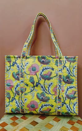Handblock Printed Quilted Tote Bag without zip/button 17x18x 6 inches