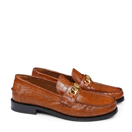 Tan Deep Cut Croco Moccasin Loafer with Chain Embellishment Trademark Lion Logo-40/6