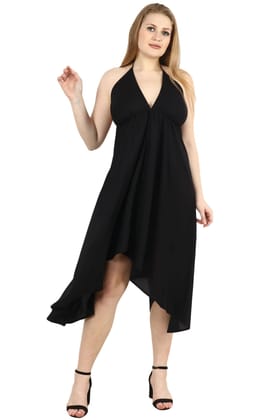 Black Solid Backless Neck Tie Asymmetric Tie Dress-L / Black