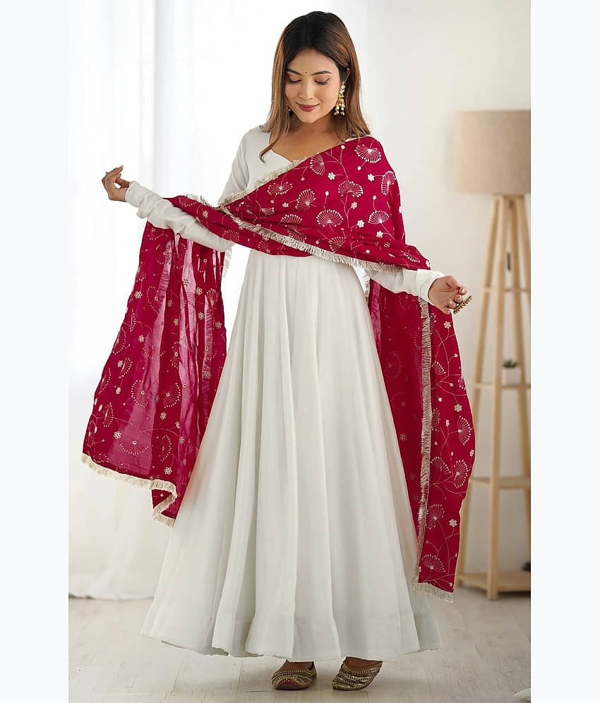 Trijal Fab White Anarkali Georgette Women's Stitched Ethnic Gown ( Pack of 1 )