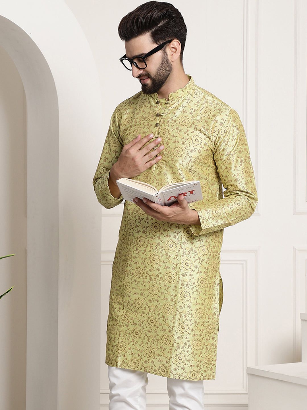 Men's Silk Blend Pista Green Printed Long Kurta-36