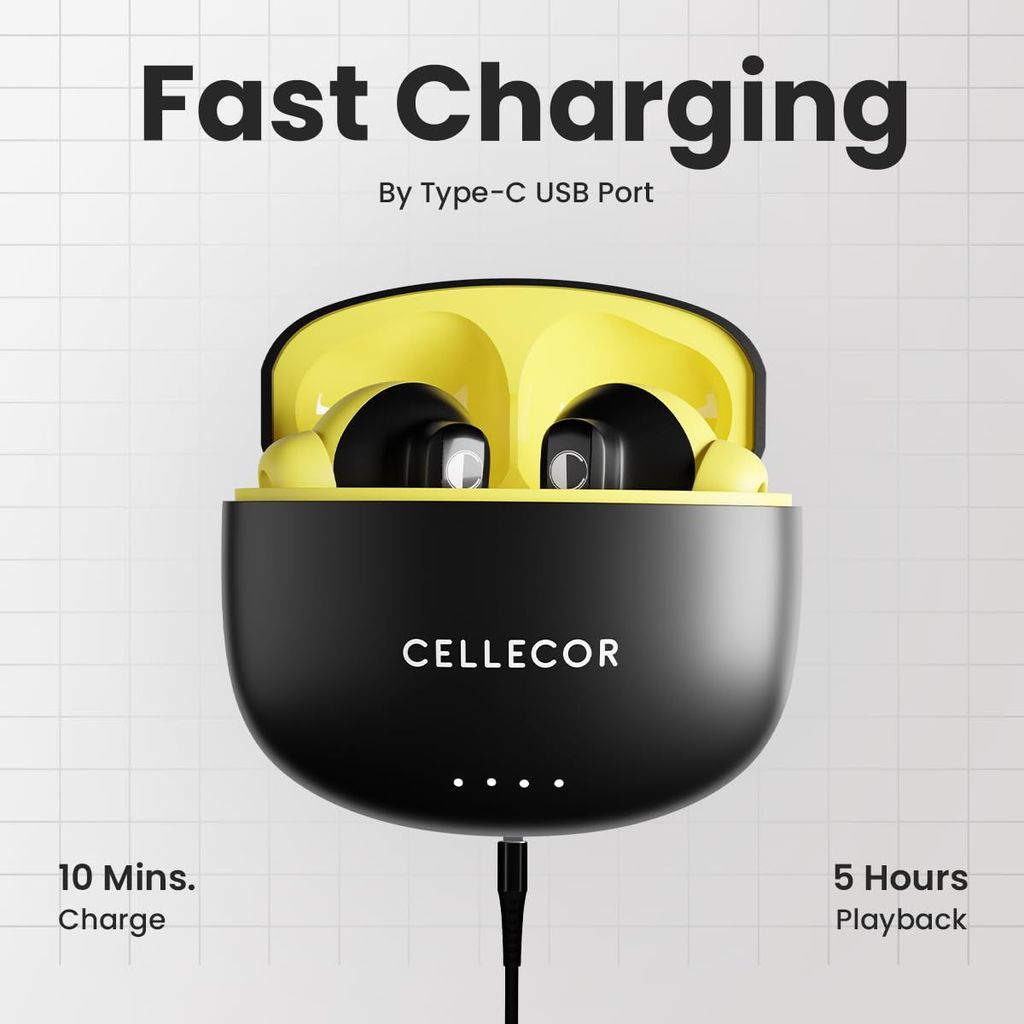 CELLECOR BroPods CB03-ACE TWS with 40 Hours Playtime, Automatic Pairing, HD Sound and 5.1V Bluetooth (Black-Yellow)