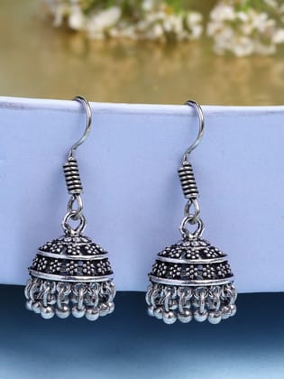 NVR Women Silver Plated Oxidized Traditional Jhumka Earrings-One Size / Silver / German Silver