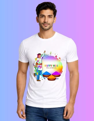 Holi Celebration Colors Polyester T-Shirt 100 GSM Round Neck White 