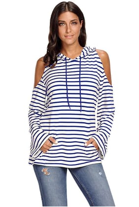 Kaamastra White and Blue Cold Shoulder Striped Women's Hoodie
