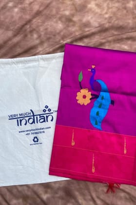 Designed by VMI - Blouse Fabric - Handloom Pure Silk - Fuscia Pink with Peacock Motifs
