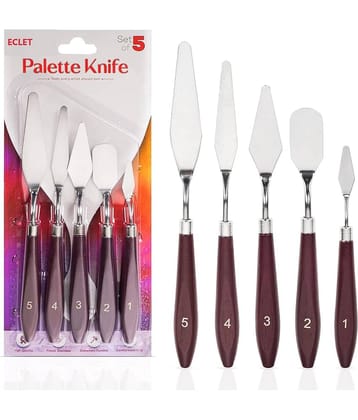 ECLET Palette Painting Knives - Set of 5 Various Sizes & Shapes, Stainless Steel Scraper Spatula with Polished Brown Handle for Artist Canvas Oil Paint Mixing Colour(B)