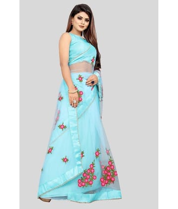 Gazal Fashions Net Embroidered Saree With Unstitched Blouse Piece ( SkyBlue )