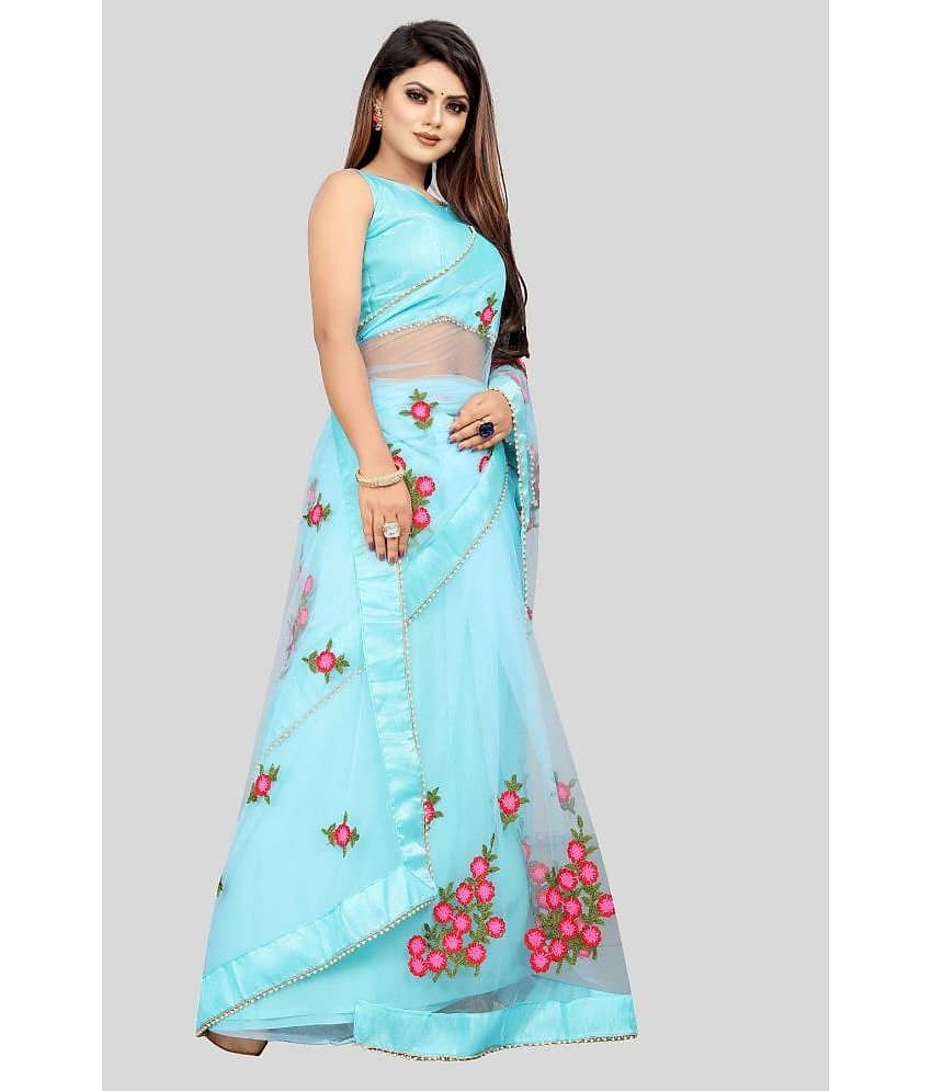 Gazal Fashions Net Embroidered Saree With Unstitched Blouse Piece ( SkyBlue )