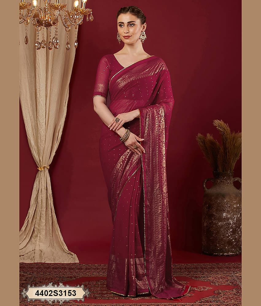 Satrani Georgette Printed Banarasi saree With Unstitched Blouse Piece ( Pink )