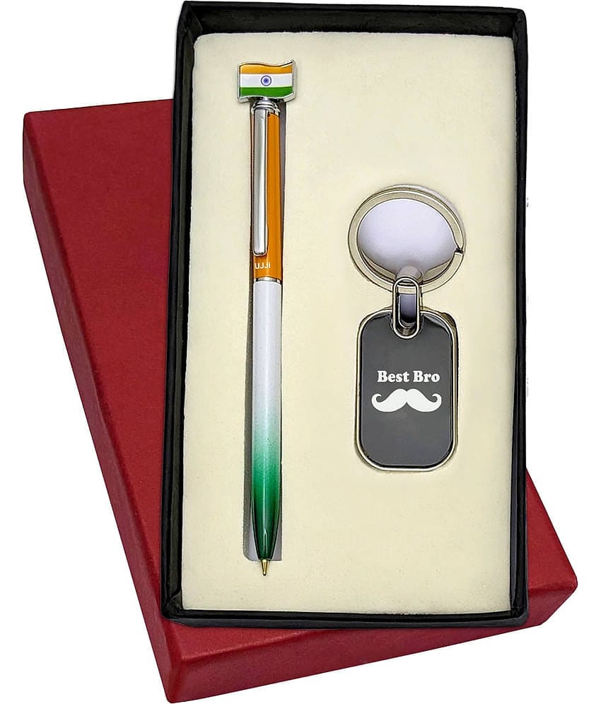 UJJi Tiranga Flag Pen & Bst Bro Engraved Keyring
